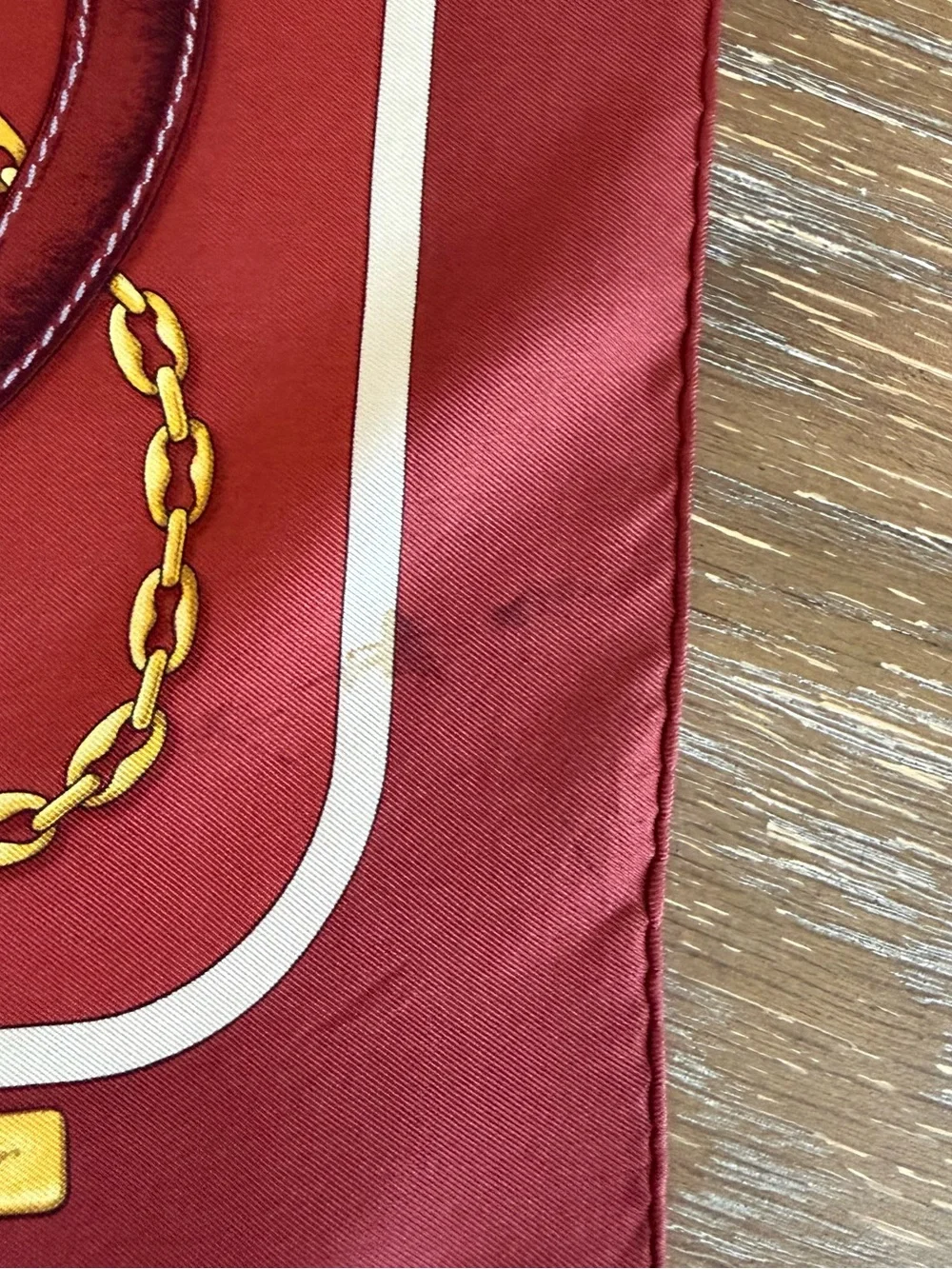 Cartier Silk Scarf Brown Yellow Chain Belt Hand Rolled Made in France